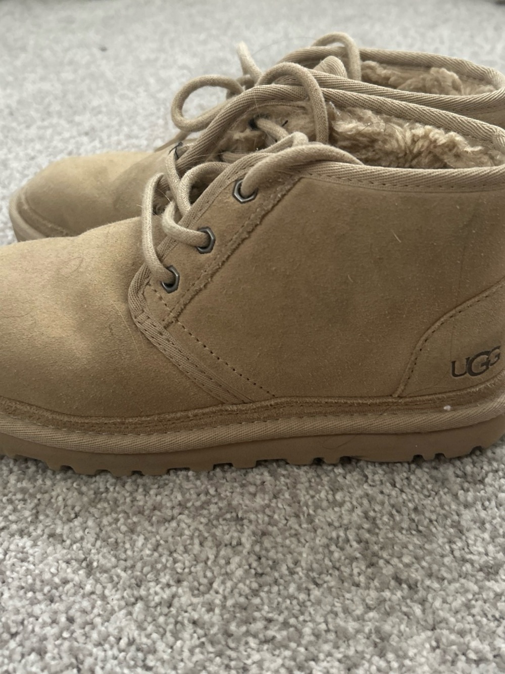 UGG Tan Suede Lace-Up Ankle Bootie with Shearling